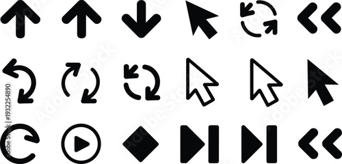 Arrow and cursor icon set, navigation pointer symbols collection, refresh play back forward black vector illustration