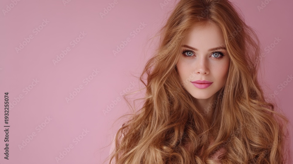 Fototapeta premium Beautiful young woman with long wavy hair and bright makeup against a soft pink background, capturing elegance and style
