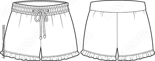 Ruffle hem shorts CAD drawing flat vector illustration, front and back view elastic waist summer fashion design template