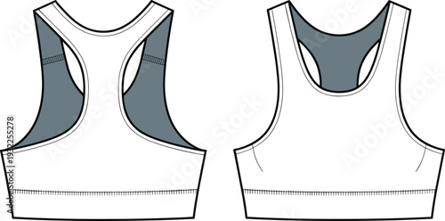 Sports bra CAD drawing flat vector illustration, front and back view technical fashion design, racerback athletic crop top outline template