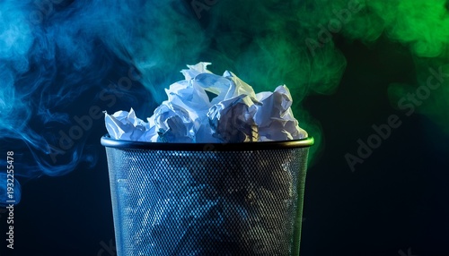 trash can overflowing with crumpled paper illuminated by blue and green smoke