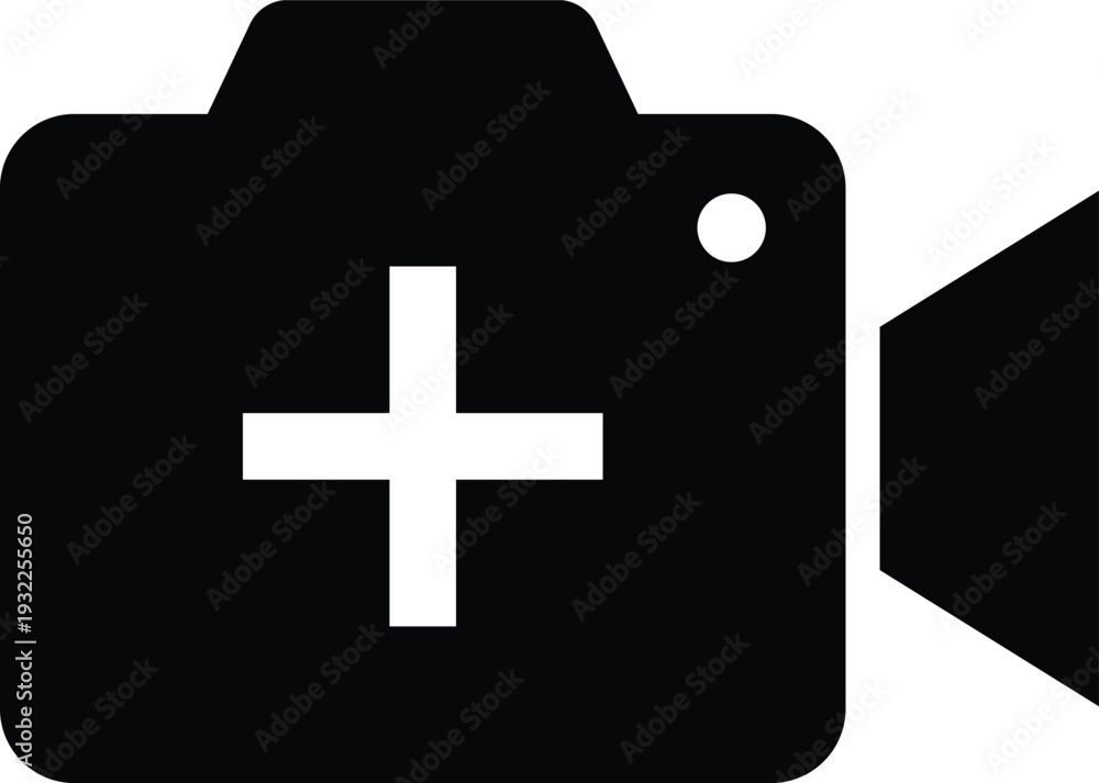 Fototapeta premium Black camera with white plus sign and lens symbol