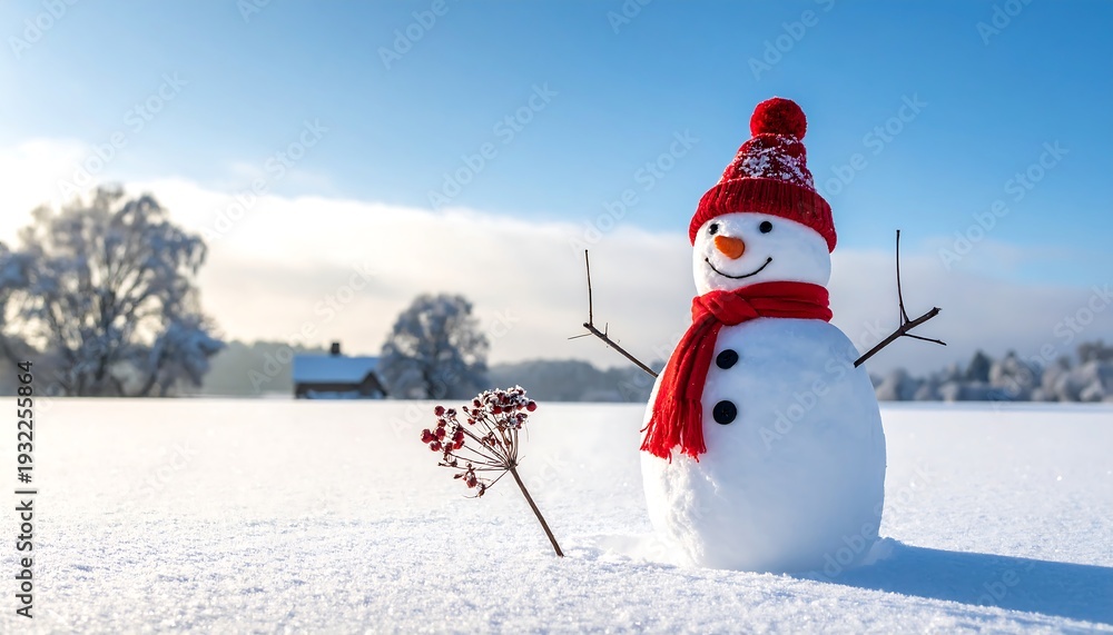 Obraz premium Smiling snowman with red hat & scarf stands in snowy field against a bright blue sky and distant trees