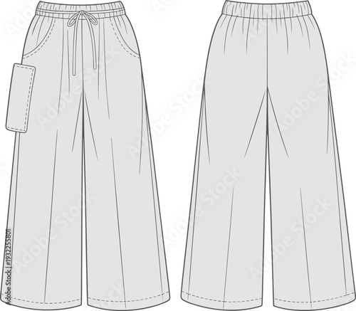 Wide leg pants CAD drawing flat vector illustration, front and back view elastic waist casual trousers technical fashion design template
