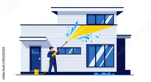 House Washing with High-Pressure Sprayer - Exterior Cleaning Vector Illustration