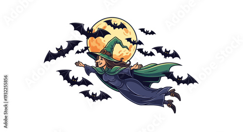 Happy witch flying with bats and full moon, Halloween illustration