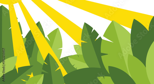 Sunbeams shining through lush green tropical leaves, bright natural light