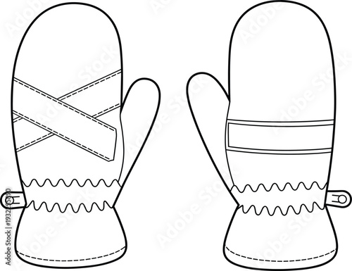 Winter mittens CAD drawing flat vector illustration, front and back view insulated gloves technical fashion accessory design template