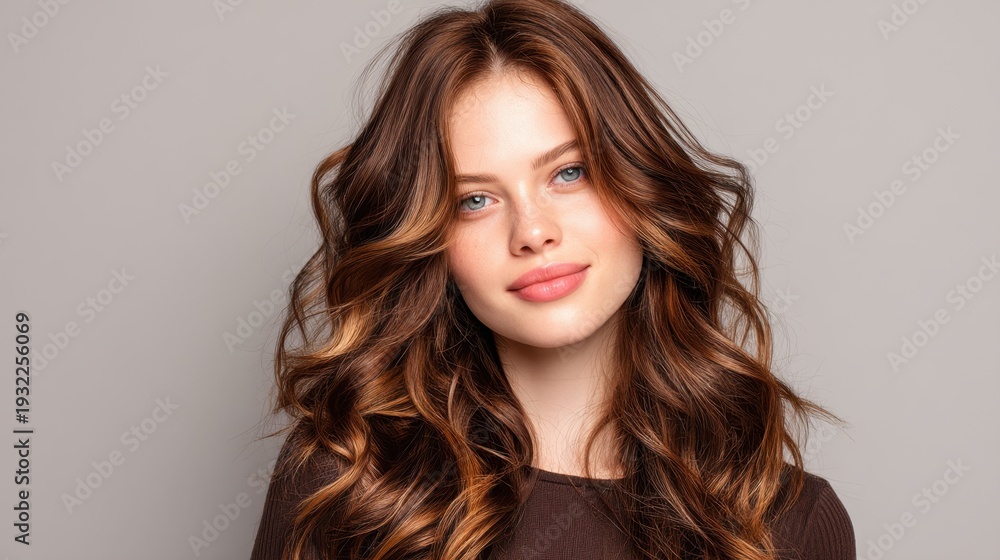 Fototapeta premium Beautiful young woman with long wavy hair posing confidently against a neutral grey background in casual fashion portrait