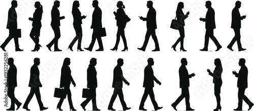 Business people walking silhouettes vector collection, professional office commuters crowd illustration isolated on white background