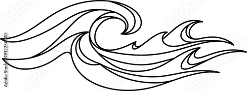 Stylized black outline drawing of ocean waves with flowing lines creating a dynamic and minimalist abstract artistic illustration.