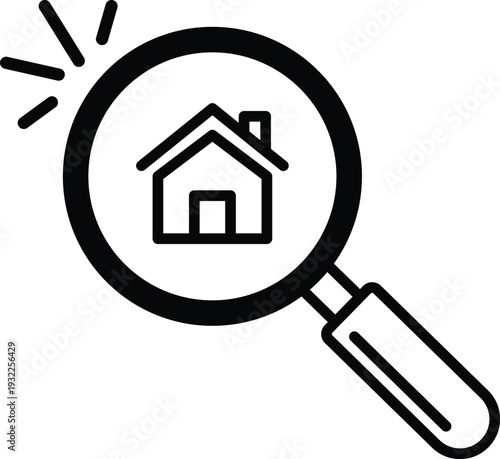 Black outline magnifying glass over simple house with radiating lines search find