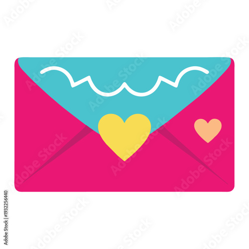 A vibrant pink envelope adorned with a large yellow heart and a smaller peach heart, featuring a teal flap with a decorative white wavy line.