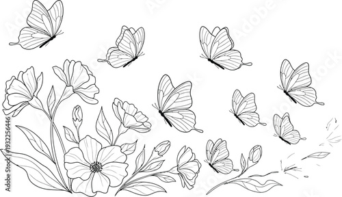 Detailed line art illustration featuring a graceful cluster of flying butterflies and blooming floral elements perfect for decorative design or coloring books.
