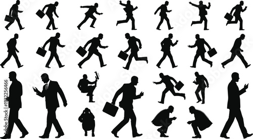 Businessman action silhouette poses vector set, running walking office male figures isolated black collection