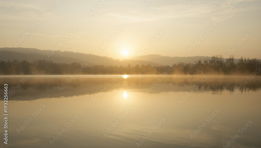 Obraz premium Serene sunrise over misty lake with golden light and distant hills