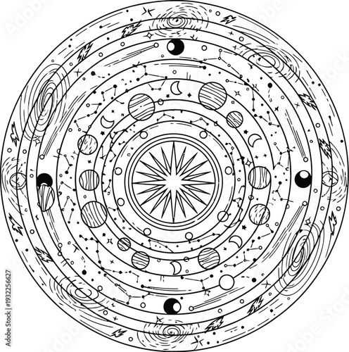 Intricate black and white line art illustration showcasing a mystical celestial mandala with stars, planets, and cosmic elements arranged in concentric circles.