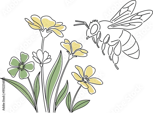 Minimalist continuous line drawing of a flying bee approaching a cluster of colorful wildflowers with subtle pastel fills on a clean white background.