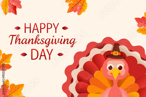 Festive happy thanksgiving day greeting with a cartoon turkey and leaves