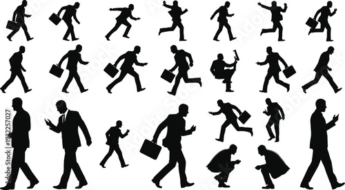 Businessman silhouette running walking action vector set, office male motion poses isolated black figures