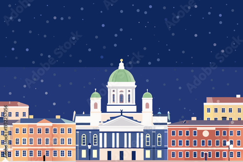 A stylized illustration depicts a snowy cityscape with a prominent dome