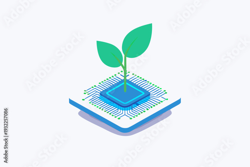A growing plant sprouting from a microchip symbolizing technology and nature