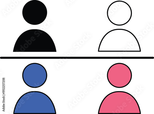 Four simplified human in black white blue and pink colors people silhouette