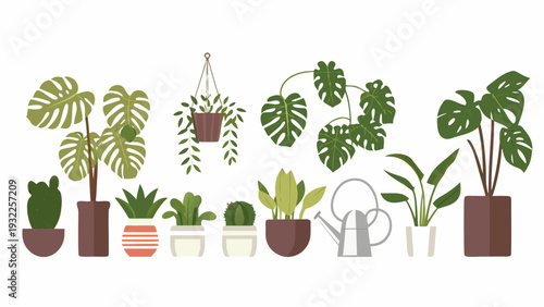 A collection of various potted houseplants and a watering can illustration
