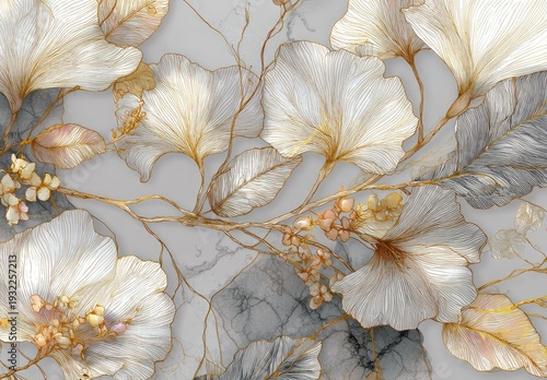 Elegant floral art with white and gold flowers and leaves.
