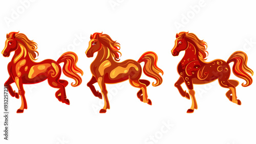 Three vibrant stylized horses depicted in different dynamic poses