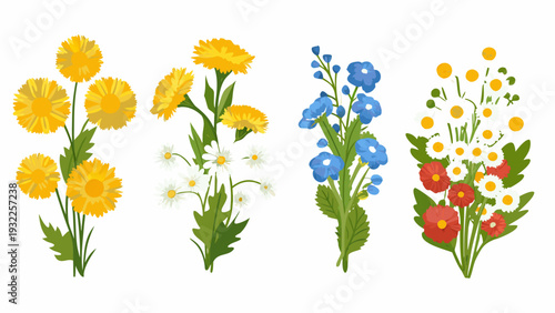 Colorful floral arrangement featuring dandelions cornflowers and other wildflowers