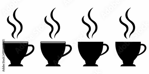 Four black silhouettes of steaming cups arranged in a simple row
