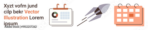 Business strategy, project planning, time management, goal setting, data visualization, productivity tools. Calendar, graphs and rocket icon. Business strategy and project planning concept