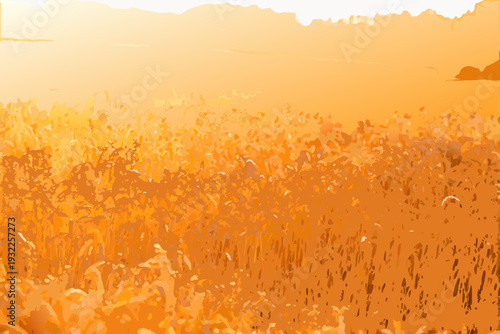 Golden wheat field stretches towards a hazy warm sunset horizon