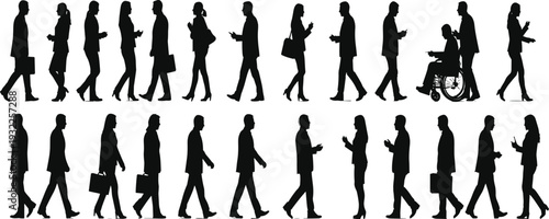 Diverse Business People Walking Silhouettes, Men Women Commuters Crowd, Urban Pedestrians Motion, Black Vector Set Illustration