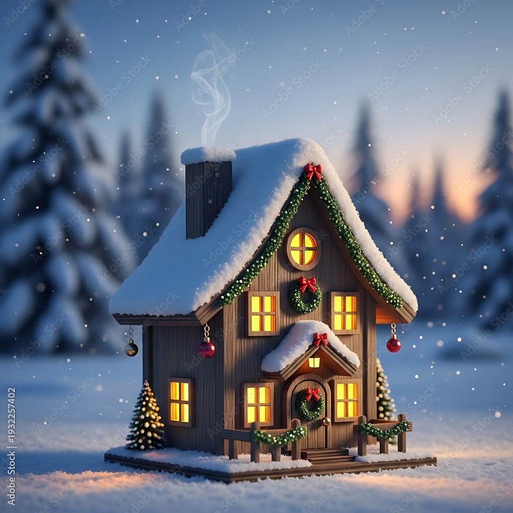 Fototapeta premium Miniature wooden winter cottage displays festive holiday decorations under falling snow