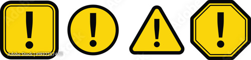 Four yellow warning signs with black exclamation marks and borders triangle