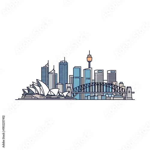 Sydney Skyline Illustration: Opera House and Harbour Bridge in Modern Line Art Style