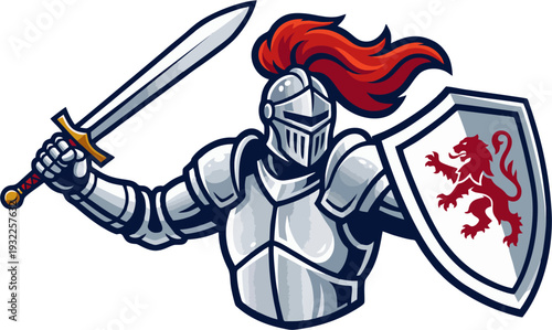 Heroic Medieval Knight Charging into Battle with Raised Sword and Heraldic Lion Shield — Dynamic Cartoon Vector Mascot Illustration for Esports Logo, Sports Team Branding, and Championship Design