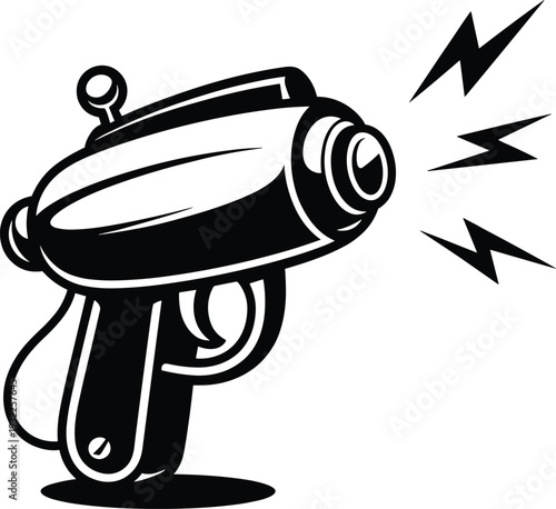 Futuristic ray gun silhouette icon with retro sci-fi lightning bolt technology theme - black vector illustration set