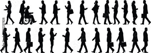 Diverse Walking Business People Silhouettes, Men Women Commuters Crowd, Urban Pedestrian Motion Figures, Inclusive Black Vector Pack