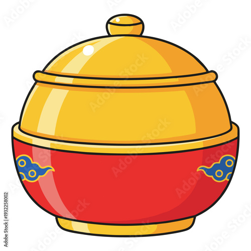 A vibrant red and gold lidded pot with traditional Chinese cloud patterns, isolated on a white background.