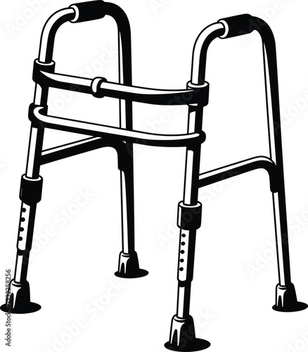 Medical walker silhouette icon with assistive mobility aid rehabilitation healthcare theme - black vector illustration set
