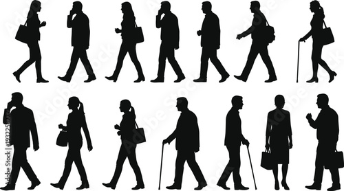 Silhouette of people walking including pedestrians with canes bags and talking on mobile phones in city