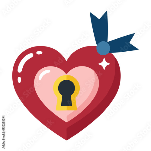 A vibrant red heart-shaped locket with a golden keyhole and a navy blue ribbon tied at the top, symbolizing love and secrets.