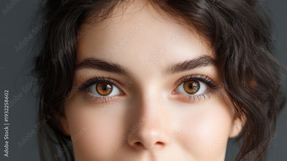 Fototapeta premium Close-up of a young woman’s face highlighting expressive eyes and natural beauty against a soft gray background