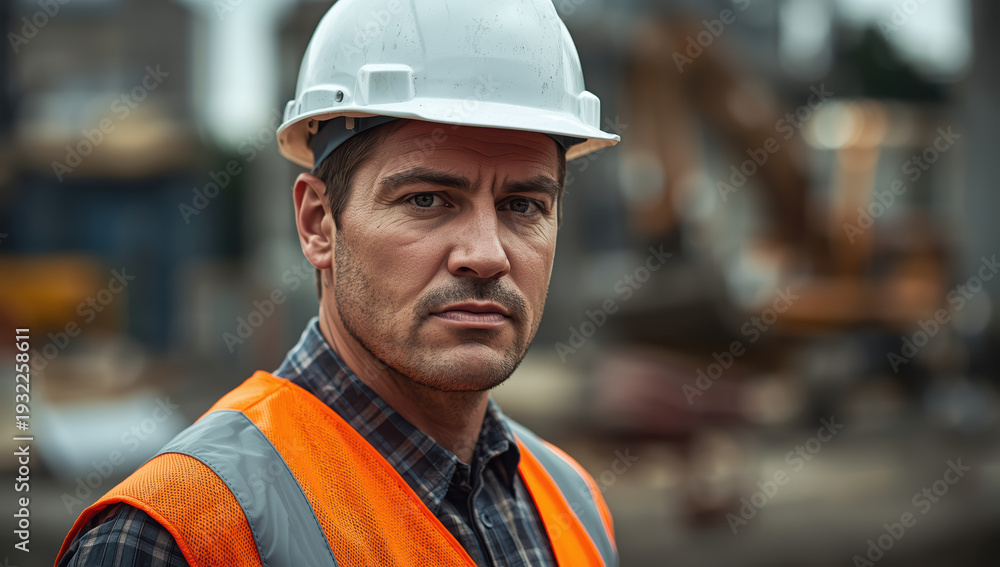 Fototapeta premium Construction site foreman wearing safety helmet and reflective vest with serious expression