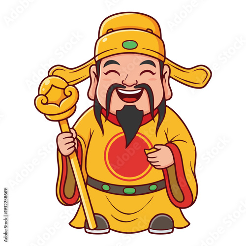 Cartoon illustration of the Chinese God of Wealth, Cai Shen, smiling and holding a golden ruyi scepter and a gold ingot, dressed in traditional yellow and red robes.