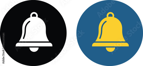 Two bell one white on black circle and one yellow on blue circle bell notification alert symbol