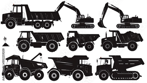 Construction and agriculture vehicle illustration set, black heavy machinery vector designs for building, excavation, transport, and farming equipment graphics